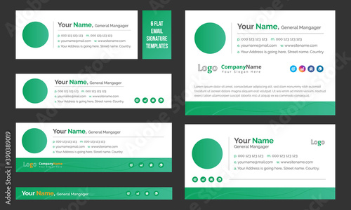 6 flat green email signature templates for all users. business email footer, corporate vector illustration