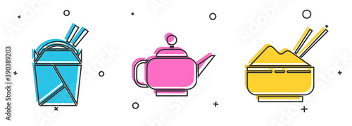 Set Asian noodles in paper box and chopsticks, Japanese tea ceremony and Rice in a bowl with chopstick icon. Vector.