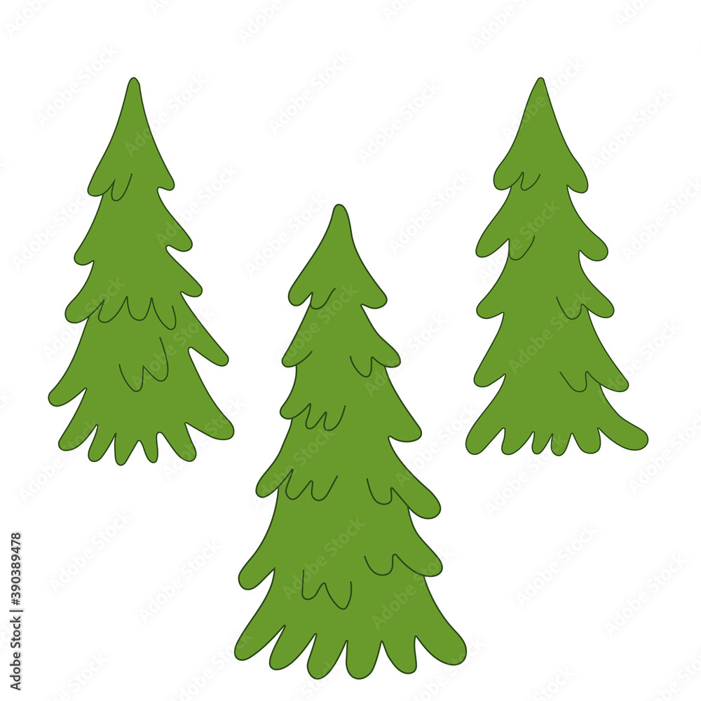 Set of Christmas trees. Green coniferous trees. Vector illustration.