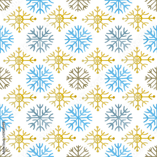Watercolor seamless pattern with snowflakes. Background for new year, merry christmas.