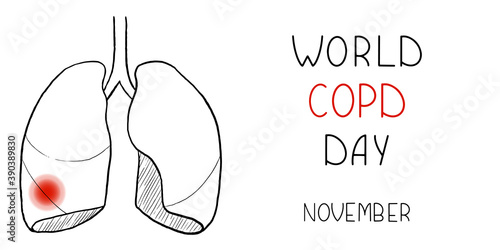 Banner or poster for World COPD Day. Human lungs outline with dot of pain and illness, inscription on white. Medical illustration on health awareness campaign for Chronic Obstructive Pulmonary Disease
