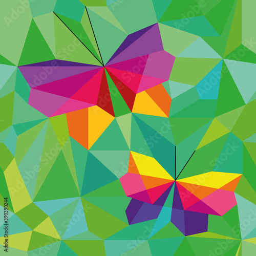 Vector abstract polygonal pattern with colorful geometric butterflies. Seamless pattern can be used for wallpaper, pattern fills, web page background, surface textures.