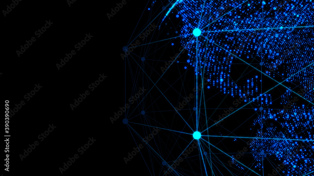 3d wireframe globe made of dots on a black background. Tech background. 3d rendering