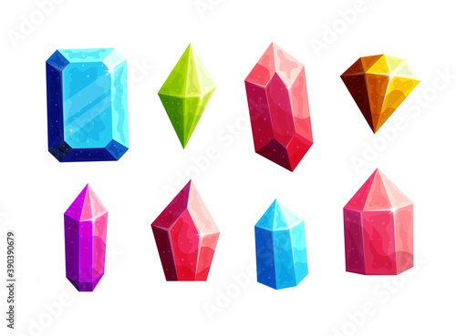 Sparkling multicolor crystals cartoon vector illustrations set. Blue, green, pink precious stones of different faceting isolated on white background. Topaz, ruby, emerald and amethyst gemstones