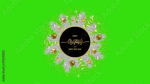 Merry Christmas and Happy New Year looping animation with Alpha Channel. Luxury seamless video mock up, template for greeting, winter holiday cards, posters and covers with text place. photo