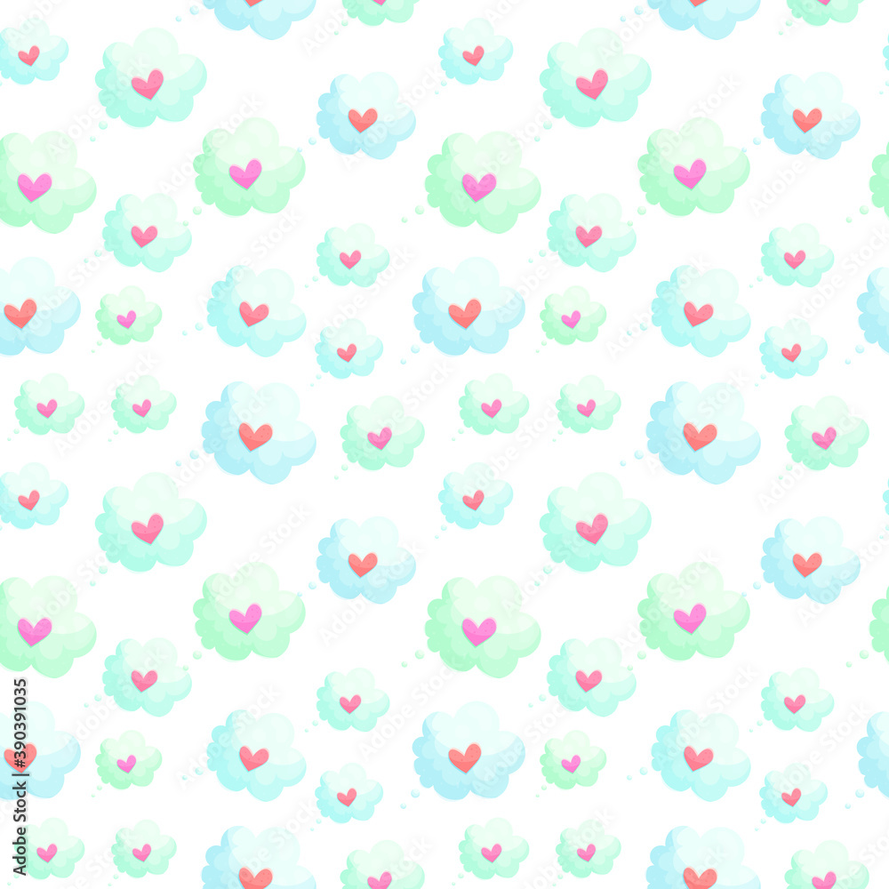 Cute white clouds with hearts vector seamless pattern. Beautiful cloudlets with tiny hearts cartoon illustrations. Wedding presents, sweethearts gifts, Saint Valentines day wrapping paper design