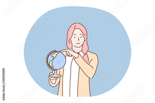 Education, teaching, geography, globalization symbol concept. Young woman girl teacher cartoon character standing in class holds globe in hand. Teachers day and back to school vector illustration.