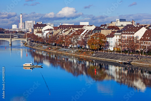 Elevated view of the skyline of 'Altstadt Kleinbasel' district overlooking the River Rhine in Basel
