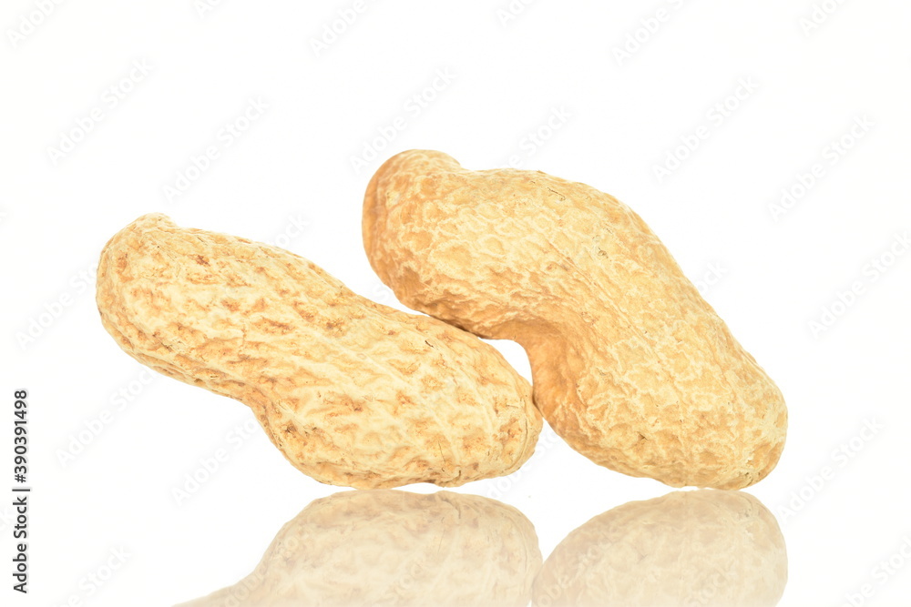 Unpeeled organic peanuts, close-up, on a white background. Unpeeled organic peanuts, close-up, on a white background.