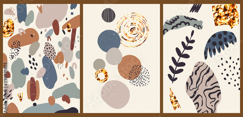 A set of three aesthetic vintage backgrounds. Abstract minimalist posters for social networks, web design. Trendy illustrations with lines, colors, shapes, dots, gold, stripes.