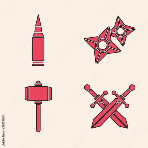 Set Crossed medieval sword, Bullet, Japanese ninja shuriken and Battle hammer icon. Vector.