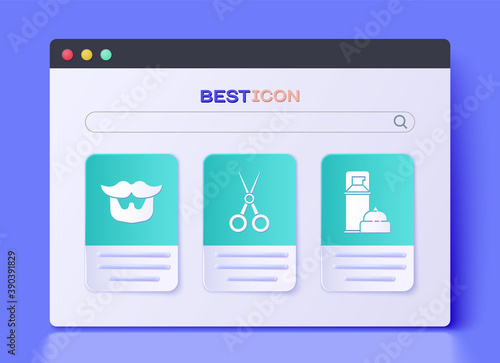 Set Scissors hairdresser, Mustache and beard and Shaving gel foam icon. Vector.