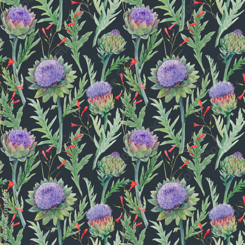 Beautiful vector seamless floral pattern with watercolor gentle blue blooming artichoke flowers. Stock illustration.