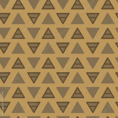 Vector geometric pattern with brown triads and triangles on a beige background. Seamless pattern can be used for wallpaper, pattern fills, web page background, surface textures.