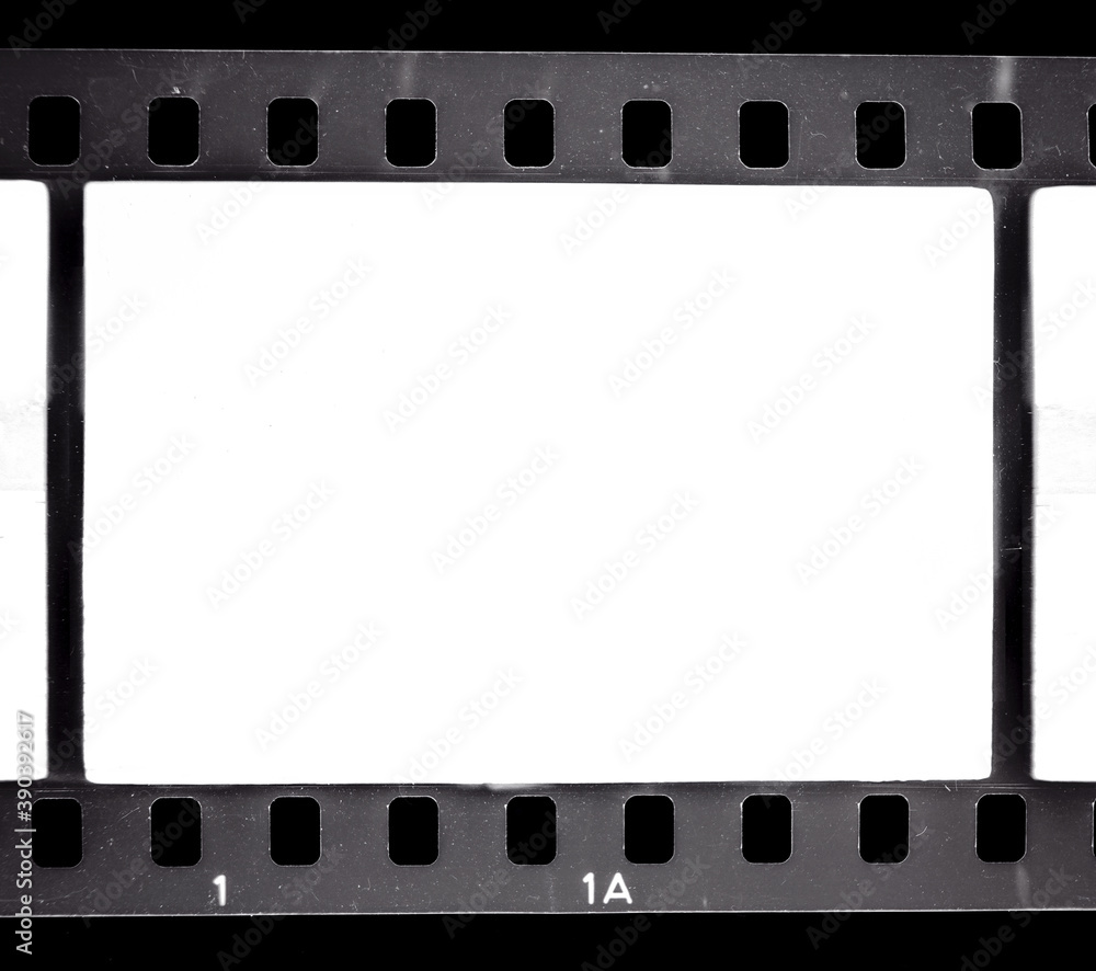 real scan of black and white 35mm film, empty or blank film frame on black, nice photo placeholder for your poster idea.