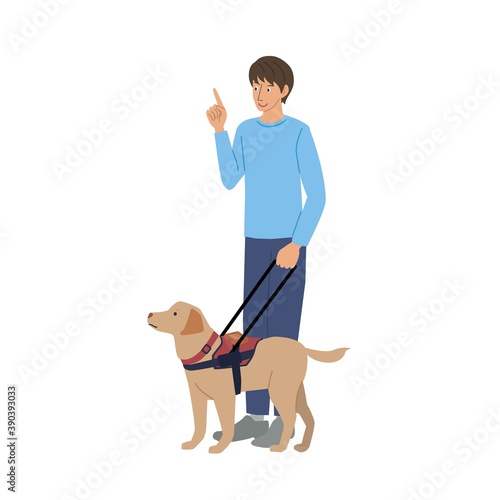 盲導犬を連れている男性　笑顔
