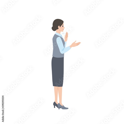 横向きの女性　ビジネスウーマン　受付　困っている表情

