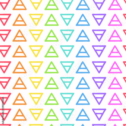 Vector geometric rainbow pattern with colorful triads on white background. Seamless pattern can be used for wallpaper, pattern fills, web page background, surface textures.