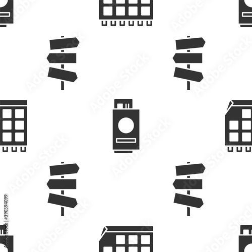 Set Calendar, Passport with ticket and Road traffic signpost on seamless pattern. Vector.