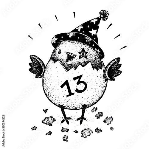 
Monochrome graphic hand drawn magic chick hatched from an egg number thirteen isolated on white background