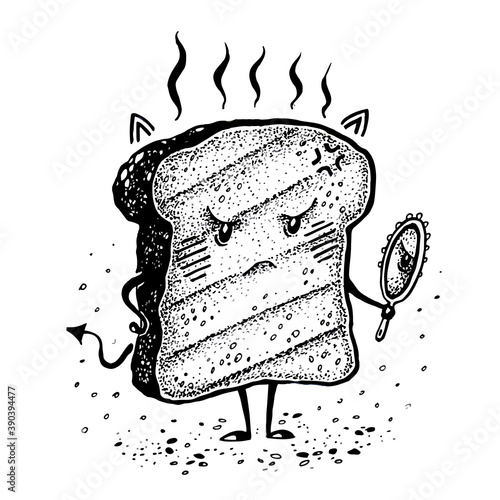 Vector monochrome graphic hand drawn dissatisfied toasted piece of bread looking at himself in the mirror isolated on white background
