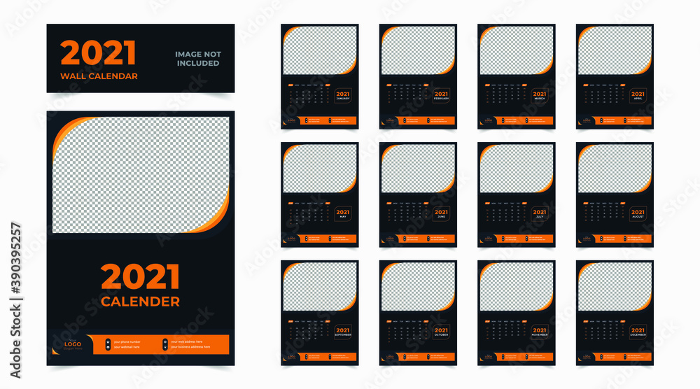 Wall calendar 2021 template. wall calendar 2021 layout, Set of 12