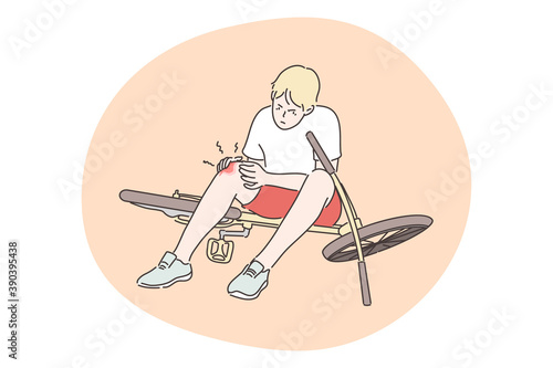 Trauma, childhood, cycling concept. Sad angry boy teenager cartoon character fell down from bike injuring knee with bloody injury wound. Summertime holiday recreation active lifestyle illustration.