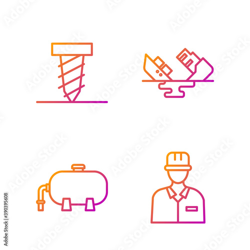 Set line Oilman, Oil industrial factory building, Rotating drill digging a hole and Wrecked oil tanker ship. Gradient color icons. Vector.
