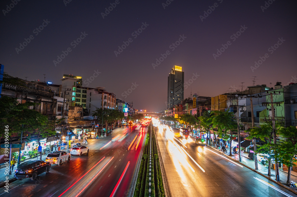 Bangkok/Thailand- 8 dec 2019:Motion blur of traffic on the road with building at Bangkok city Thailand.