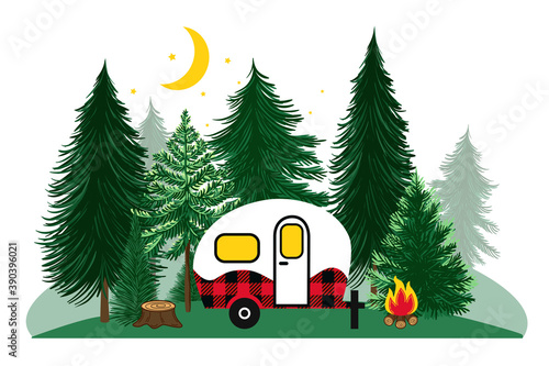 .Coniferous forest, crescent moon, stars, campfire and Buffalo plaid camper. Hand drawn vector illustration.