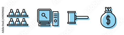 Set line Judge gavel, Jurors, Search on computer screen and Money bag icon. Vector.