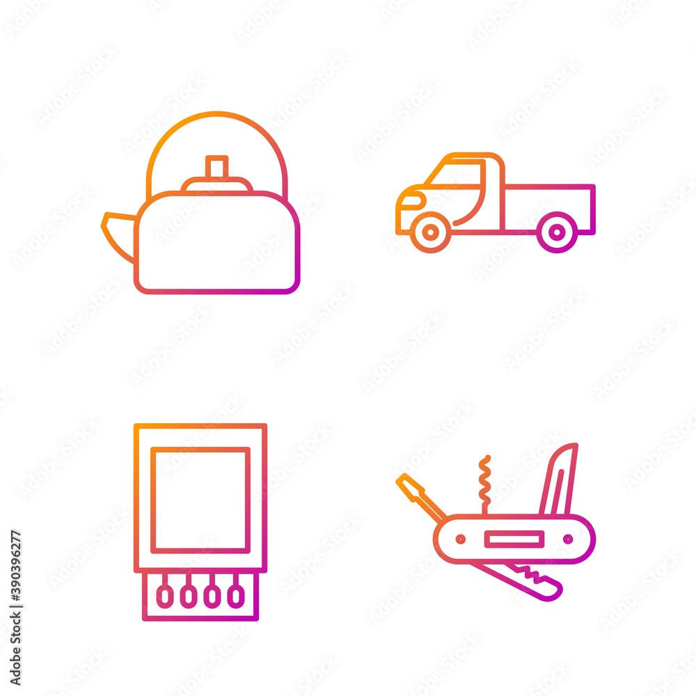 Set line Swiss army knife, Open matchbox and matches, Kettle with handle  and Pickup truck. Gradient color icons. Vector. Stock Vector | Adobe Stock