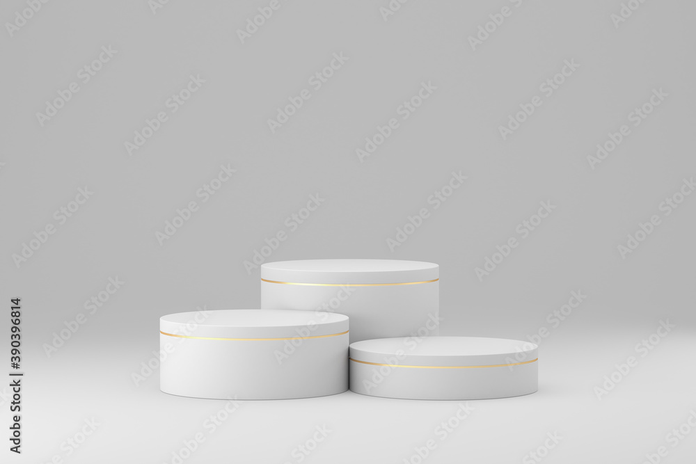 Empty white stand for displaying goods from three cylinders on a white background. Illustration for advertising. 3d render illustration. Empty white stand for displaying goods from three cylinders on a white background. Illustration for advertising. 3d render illustration.
