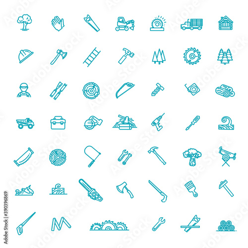 Logging, sawmill line icons. Instruments for working with wood