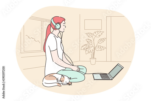 Meditation, yoga, relax concept. Young smiling calm woman cartoon character on floor with headphones listening music and dreaming. Home reacreation at quarantine and leisure time mental relaxation. 