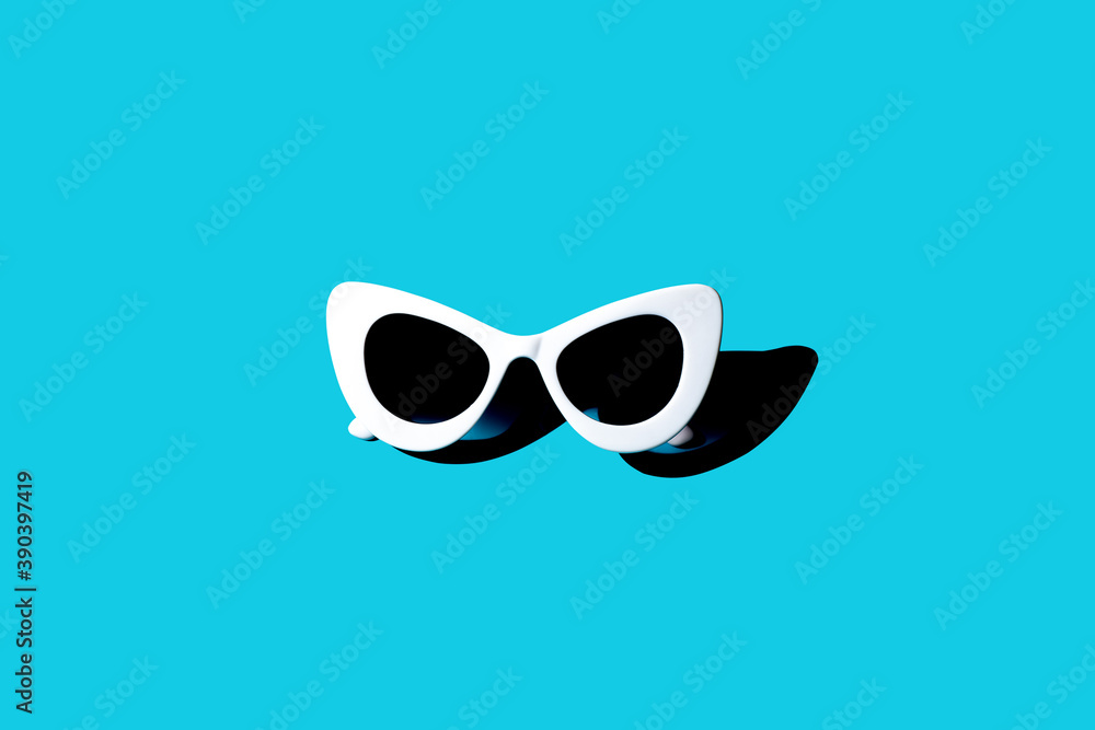 White sunglasses in a retro style on a blue background.