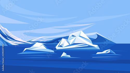 Arctic ocean with melting icebergs. Scenery of north pole.