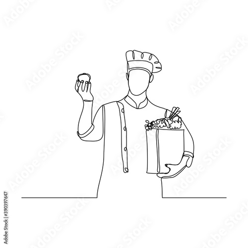 Continuous line drawing of chef man holding vegetable and fruit paper bag. One line concept of food shopping supermarket grocery. Vector illustration