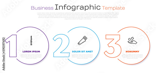 Set line Magic wand, Hand saw and Cube levitating above hand. Business infographic template. Vector.