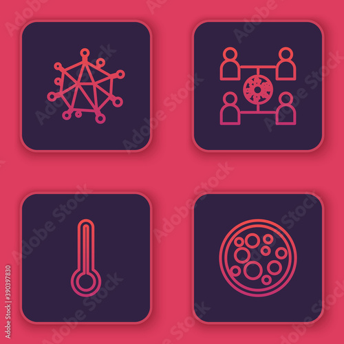 Set line Virus, Medical thermometer, spread and . Blue square button. Vector.