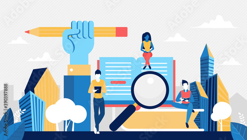 University, school or course education concept vector illustration. Cartoon students learning from home or classroom, reading open paper book, digital ebook in library, studying on lessons background