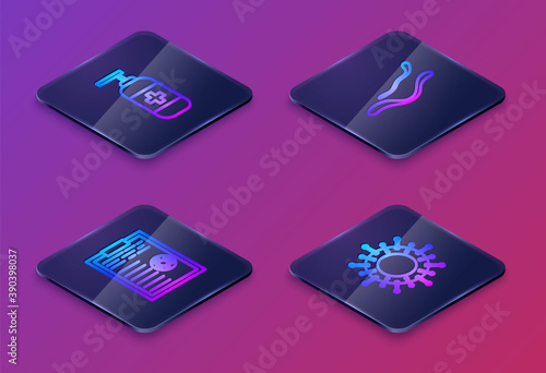 Set Isometric line Bottle of liquid antibacterial soap, Clipboard with blood test results, Ebola virus disease and Virus. Blue square button. Vector.