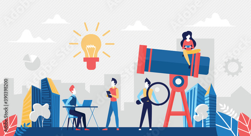 Look for success business idea concept vector illustration. Cartoon tiny business partner people team looking for new business idea, goal achievement direction with telescope, partnership background