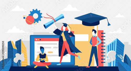 Graduate school, online education concept vector illustration. Cartoon happy student people training at webinar, online course or school, graduated character holding diploma educational background
