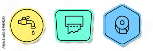 Set line Water tap, Paper towel dispenser on wall and Toilet paper roll. Colored shapes. Vector.