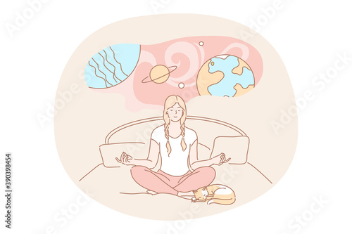 Yoga, meditation, imagination concept. Calm woman cartoon character meditating dreaming doing yoga exercises in lotus pose. Imagination or dream expansion of consciousness and imaginative mindset.