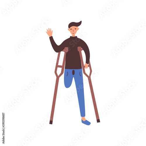 Man with an amputated leg on crutches smiles and waves. Disabled person. Vector isolated illustration in cartoon style