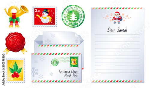 Christmas letter set. Santa wish list vector template, winter postcard, envelope, post horn, Gift paper, north pole stamp, Santa Claus card. Xmas mail background. Vintage holiday illustration.