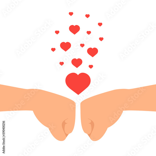 Fist bump of two close friends or team partners as symbol of love, unity and cooperation. Touching knuckles in greeting and agreement. Business collaboration and teamwork concept. Vector illustration.