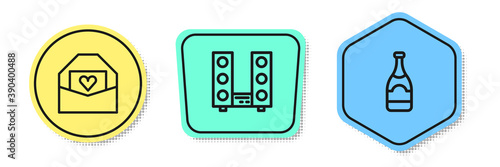 Set line Envelope with Valentine heart, Home stereo two speakers and Champagne bottle. Colored shapes. Vector.